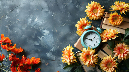 Alarm clock with books and chrysanthemum flowers on gr