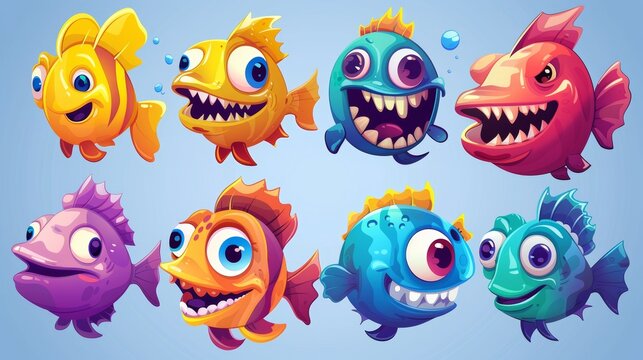 Smiling fun baby marine clipart with face and mouth. A set of exotic angler fish and cheerful creatures. Modern animated fish.