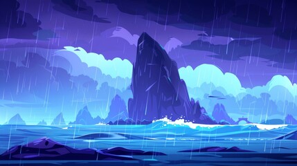 Caribbean sea cartoon landscape with falling rain, a dangerous rock on the skyline, and a blue scary wave background. A dramatic scene for a nautical adventure game.