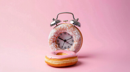 Alarm clock with doughnut on color background