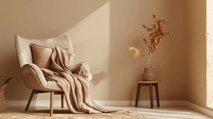 Armchair with cushions and blanket near beige wall