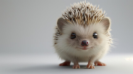 A highly detailed, animated baby hedgehog looking forward with curiosity on a white background.