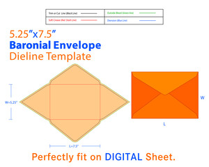 Baronial Envelope W 5.25, L 7.5 Inches Dieline Template