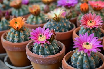 Array of mini cacti with vibrant flowers in terracotta pots.