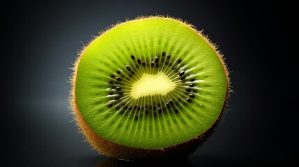 A macro shot of a perfectly ripe kiwi fruit, revealing its fuzzy green skin and juicy yellow flesh.