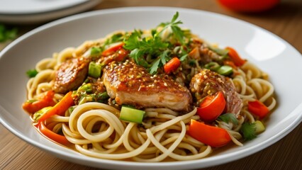  Delicious Asian noodle dish with stirfried vegetables and meat