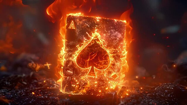 A photo of an ace of spades playing card on fire with a dark background.