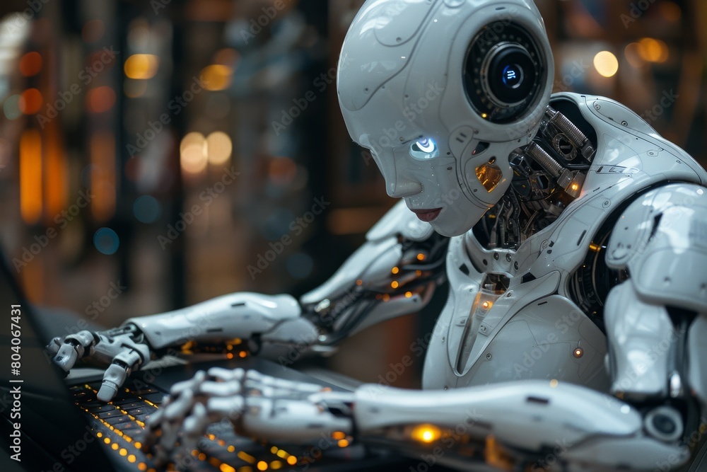 Poster a highly detailed image showcasing a humanoid robot interacting with technology, symbolizing ai and 