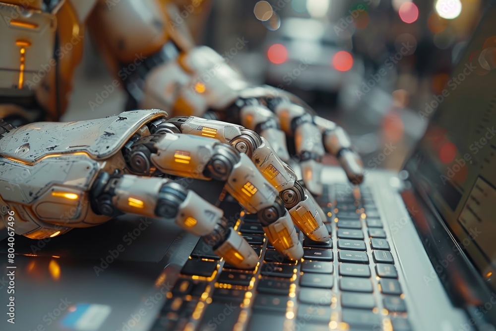 Poster precision robotics hand engaged with a high-tech computer interface, denoting advanced automation an