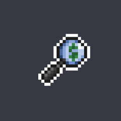 magnifier with dollar sign in pixel art style
