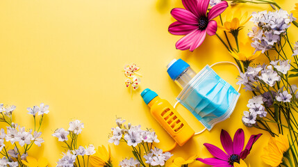 Asthma inhalers with mask and flowers on yellow background