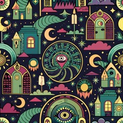 Obraz premium Seamless pattern of mystical portals and secret passageways, Generative AI
