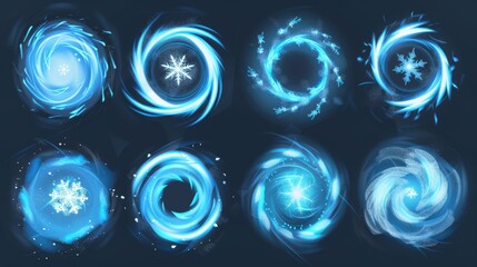Obraz premium Modern illustration of cold wind circles, fresh air flow vortex, frosty icy whirlwind blow. Set of winter avatars with snowflakes isolated on transparent background.