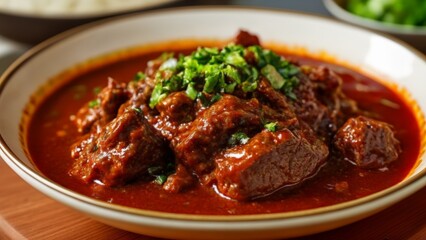  Delicious beef stew with a vibrant red sauce and fresh herbs