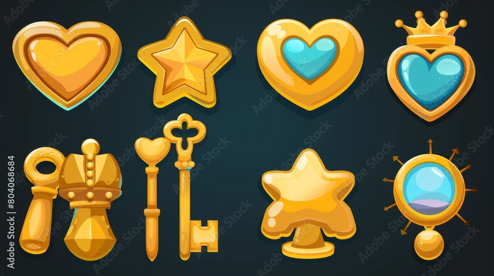 Poster the icon represents the key to a magic rpg game interface. a royalty-free modern set of golden eleme