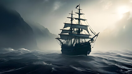 Desolate Ship Sailing Through Mist: Mysterious Ocean Adventures. Perfect for: Adventure Blogs,...