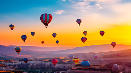 Naklejka premium Whimsical Hot Air Balloons: Festive and Romantic Atmosphere. Perfect for: Festive Celebrations, Romantic Occasions, Event Invitations.