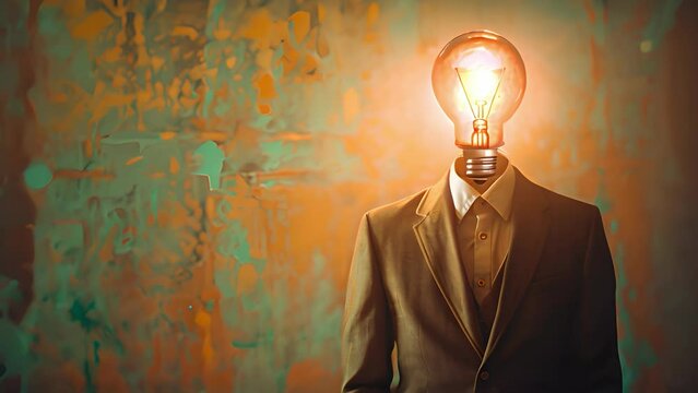 Surreal lightbulb head businessman concept on abstract background