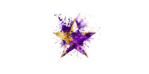 A purple and gold star with glitter on a white background