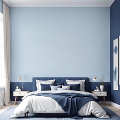  Sky blue or pale pastel tone bedroom with a blue navy bed. Empty painted wall canvas art. Mockup light background interior design rich home or hotel. Accent color trend. 3d rendering 