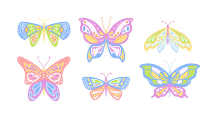 Fototapeta premium Set of seventh butterfly stickers in y2k style. Multicolored tropical abstract insects, hippie summer graphic, vintage isolated vector illustration. Groovy 70s fly in pastel colors.