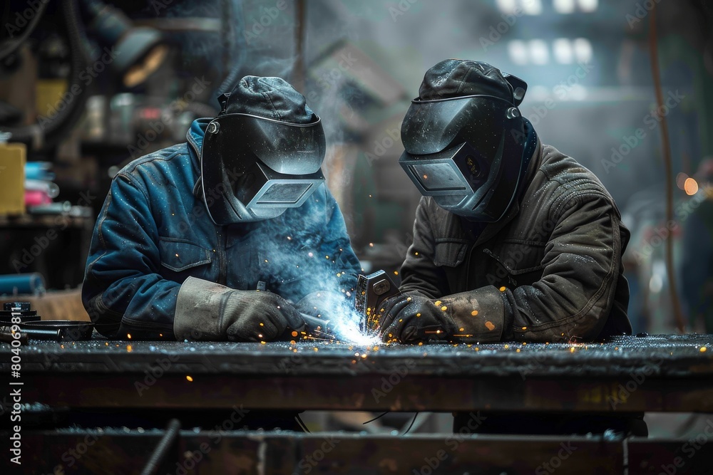 Poster detailed depiction of a single welder focusing on welding a metal component with visible streams of 
