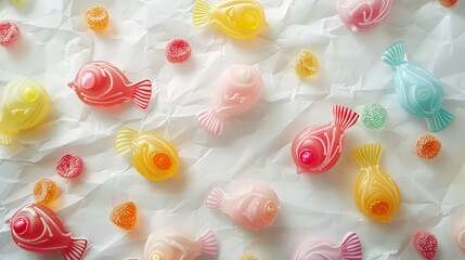 Baking paper with tasty birds milk candies on light background