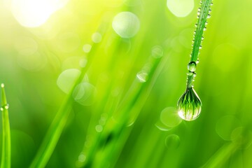 dew drops on vibrant green grass blades, illuminated by morning light, capturing the essence of fresh, early morning nature.