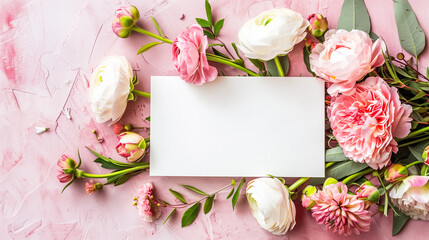 A blank white card adorned with fresh, blooming flowers in shades of pink and white on a textured pink background. Roses and peonies create a soft, feminine arrangement, perfect for weddings