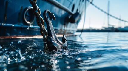 A close-up shot of a ship's anchor being lowered into the water, sending ripples across the surface of the harbor against the backdrop of a clear blue sky - obrazy, fototapety, plakaty