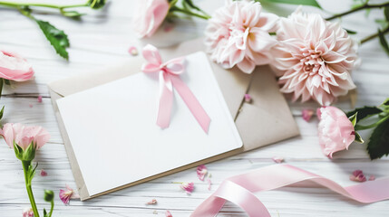 Blank greeting card with a pink ribbon bow, surrounded by elegant pink flowers and petals on a white wooden background, ideal for special occasions and messages.
