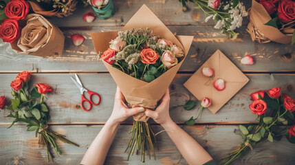 A beautifully arranged bouquet of fresh roses and assorted flowers, held by two hands on a wooden surface, showcasing the art of floristry.