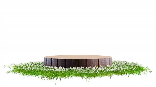 Wood round exhibition stand, podium or pedestal surface patch covered with green grass and flowers rotated on white background. Realistic natural element for presentation design. Bright 3d animation.