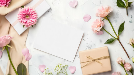 Gift box with ribbon, blank card, surrounded by elegant pink flowers and petals on a white surface, ideal for special occasions and messages of love or appreciation.