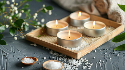 Obraz na płótnie Canvas Bamboo tray with candles and sea salt for spa treatmen
