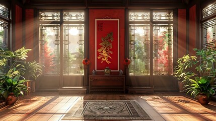 Eastern Serenity: Traditional Chinese Interior with Warm Wood Tones