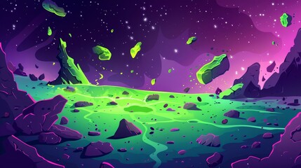 The surface of a green alien planet contains toxic neon in cracks and scattered stones as a result of an explosion or collision with a meteorite. Modern cartoon illustration of the end of the world.