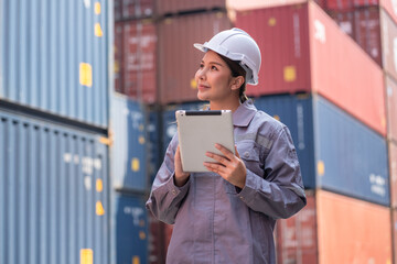 Portrait Asia logistic engineer woman worker or foreman working with tablet computer at container site	