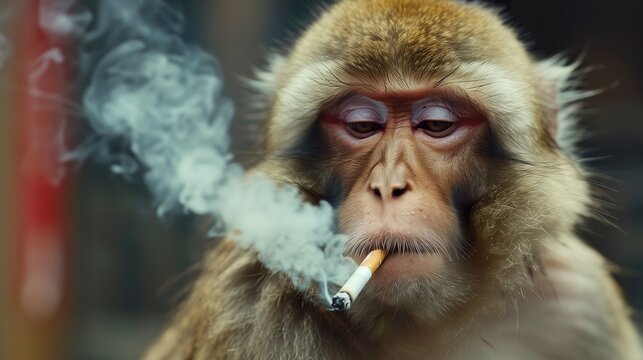 close up of a monkey smoke cigarette