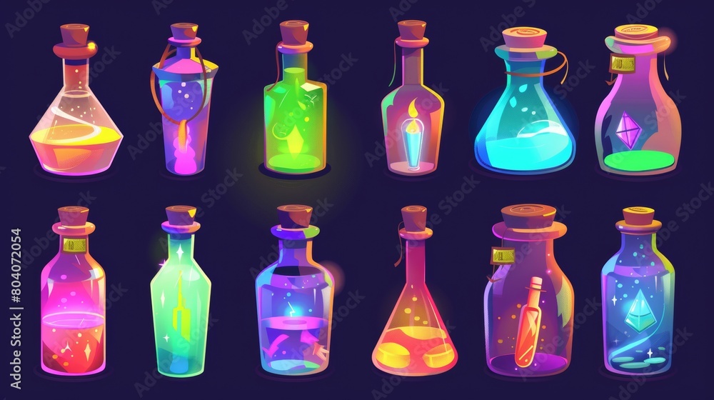 Poster the magical elixir bottles are set in a cartoon game modern illustration with vivid glowing liquids 