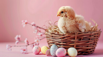 Basket of chocolate Easter eggs and cute chicken on pi