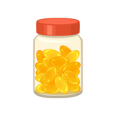 Bottle with yellow soft gel capsules. Vector cartoon flat illustration of fish oil supplement. Pills icon.