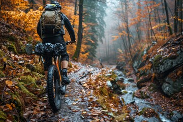 An equipped cyclist navigates a wet autumnal forest trail, showcasing the beauty of seasonal outdoor activities