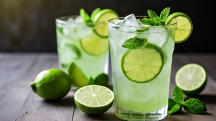 Fototapeta premium Refreshing summer cocktail with lime and mint