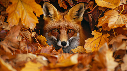 A fox is peeking out from under a pile of leaves