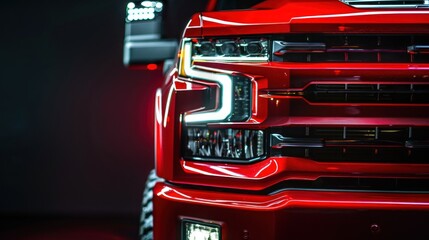 Close up red Pickup Truck detail on one of the LED headlights
