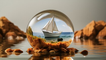 Glass sphere with sailboat on the sea