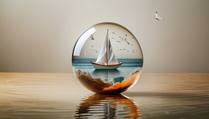 Glass sphere with sailboat on the sea