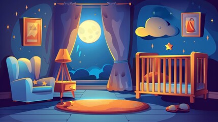 Cartoon modern illustration of a nursery interior at night with a crib, a star and clouds crib, lamp light. Newborn bedroom.