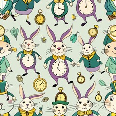Seamless pattern of whimsical rabbits and their pocket watches, Generative AI
